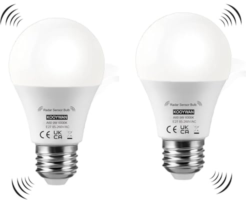 KOOYWAN 9W E27 LED Lampe mit Bewegungsmelder 6000K 850LM 2Stk A19a | Integriert: Radar & Dämmerungssensor (5m Radius). Auto On/Off. Alu im Kunststoff: 25000H. 1.5m Lampenabstand. Flur, Garage.