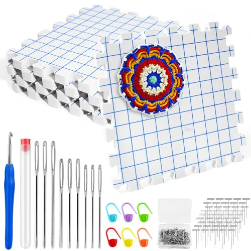Celepoir 4 Pcs Crochet Blocking Board with Gridlines, 28x28cm Interlocking Blocking Mats, with Knitting Accessories & T-Pins, Reusable Extra Thick Blocked Board, for Knitting, Crochet & Needlework
