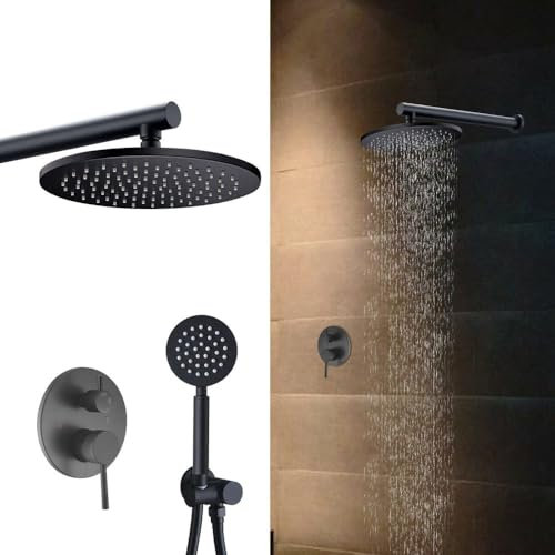 Système de douche encastré noir mat, Ensemble de Douche Encastrable, avec douchette de tête et douchette à main 10