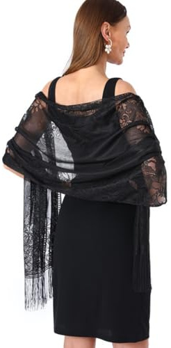 EORPAVU Damen-Schal mit Blumenmuster Umhang Spitzenschal mit Quasten für Hochzeiten Partys (schwarz)