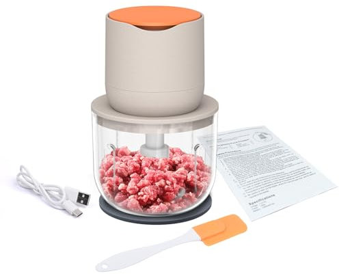 IZHIUTP Robot culinaire électrique sans Fil, Mini mixeur avec Bol en Verre de 600 ML for Viande, légumes, oignons, ail, Fruits et Noix, Petit Bol en Verre for Hachoir à Viande for Noël
