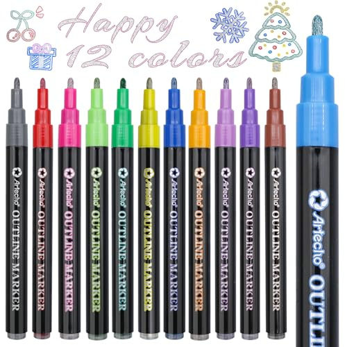Artecho 12 Glitzerstifte Outline Stifte, Glitzerzauberstift, handgemacht, kreativer Pinsel, Geeignet für Anfänger und Profis, ideal als Geschenk zu Thanksgiving oder Weihnachten