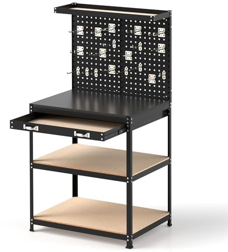 HOMFME Garage Work Bench with Pegboards, Metal Tool Workbench with Shelves, Drawer, 19 Hanging Accessories, Heavy-duty Tool Storage Workstation for Workshop Home, 290kg Capacity (Black, 81x41x156cm)