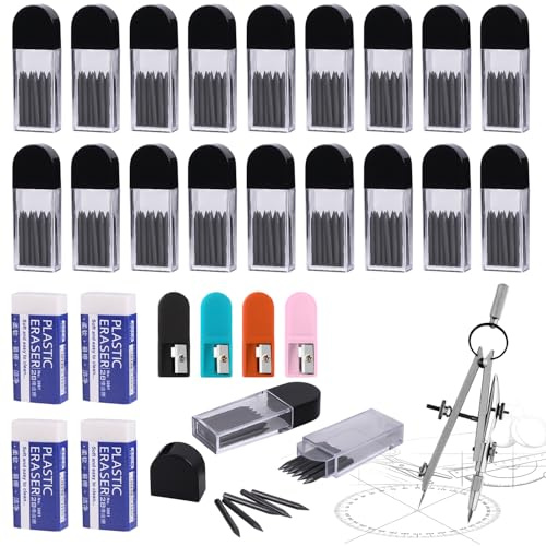 Fzyisw 300 Stück 2B Zirkelminen 2mm Zirkel Mine mit 4 Eraser und 4 Zirkelspitzer - Robuste & Flüssige Zirkelersatzminen für Schule, Büro & Technische Zeichnungen – Ideal für Schüler, Lehrer & Designer
