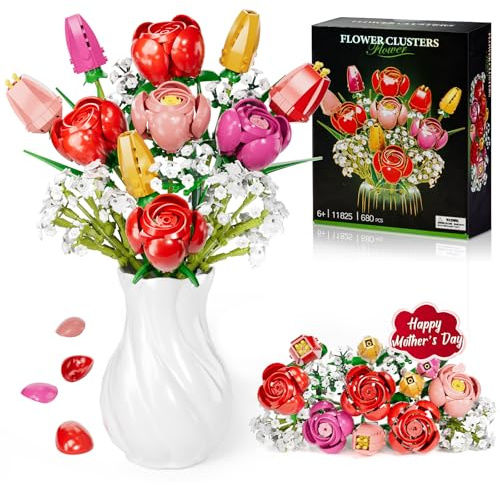 Byuert Flowers Bouquet Building Set, 680PCS Roses/Tulips Artificial Flowers Set, Mother’s Day, Valentine's Day Gift for Her/Girlfriend/Mom/Wife/Couple, Ages 6+ & Adults (No Vase)
