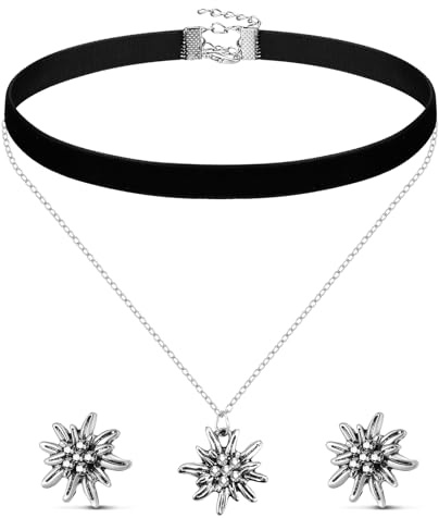 Otuuz Parure de Bijoux Traditionnels Collier et Boucles d'Oreilles Edelweiss Collier Double Bijoux Dirndl Bavarois pour les Fêtes de la Bière Accessoires pour Dirndl Traditionnelles(Noir)