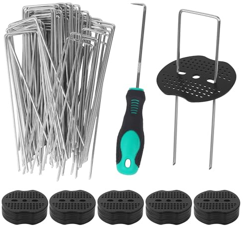 CAIXINYI Sardines De Fixation, 50 Piquets De Jardin galvanisé + 50 rondelles + 1 Crochet, Agrafe Geotextile adapté à la Fixation de Toiles antimauvaises Herbes de membranes Anti Mauvaises Herbes
