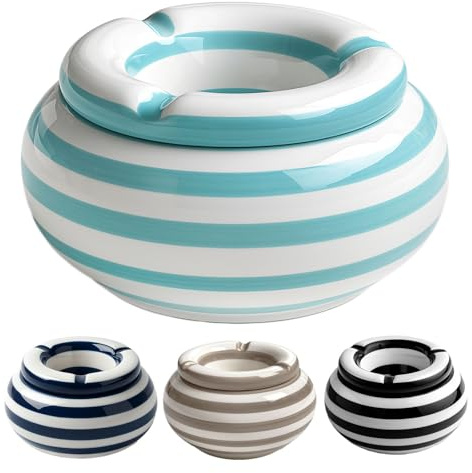 Murago - Keramik Aschenbecher mit Deckel Ø 11,5 cm - Hellblau - Streifendesign 3 Zigaretten-Ablagen glänzend Strand Beach Maritim Windaschenbecher Türkis Außen Tischaschenbecher Raucherzubehör