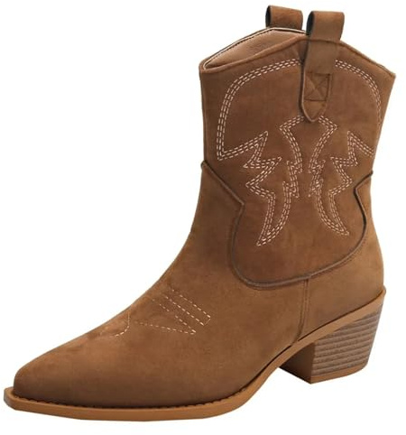 UJEDFHV Botas Cowboy Camperas Altas Mujer Botas de Caballero con Punta Bordada y tacón Grueso, Estilo Retro, sin Cordones, Estilo Vaquero Occidental(39)
