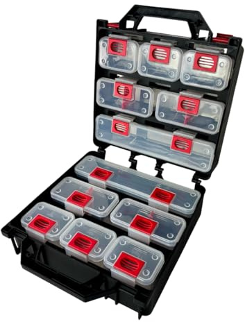 Boîte de rangement double face professionnelle avec 12 compartiments amovibles pour vis, boulons, clous et petits outils, coffret robuste et portable pour atelier, garage ou bricolage (Noir)
