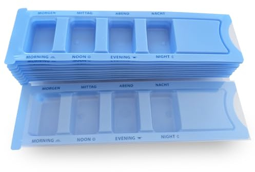 10x Medikamentendispenser Set (Blau) – Tablettenbox 4 Fächer (Morgen-Nacht) – Pillendose 1 Tag mit Blindenschrift & Deutsch/Englisch Beschriftung, BPA-frei & Robust – Ideal für Pflege & Reise (10 Stk)