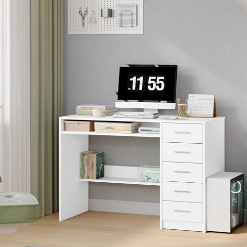 Hzuaneri Scrivania per Computer con 5 Cassetti, Scrivania Ufficio, Tavolo Moderno con Ripiano, per Studio, Ufficio, Camera da Letto, 50 x 108 x 75 cm, Bianco CD10503X