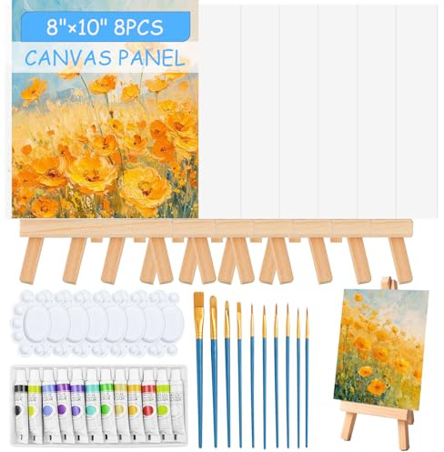 86 Pcs Canvas with Easel, 8 x10 Inches Canvas Painting Set - Canvases with Wooden Easels, Paint Brushes, Paint Palette, Hooks & Acrylfarben for Kids, Artists, Art Parties, DIY Craft Project