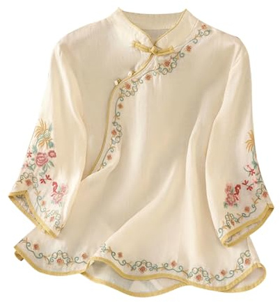 Camisas de manga 3/4 para mujer, elegante blusa bordada floral con estilo chino, botón plegable, ligera, oriental, ropa tradicional china, estilo étnico vintage