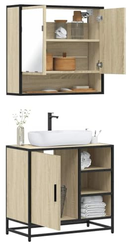 VIHHQGC Set di mobili da bagno in legno di rovere Sonoma con mobiletto per lavabo e armadietto a specchio per montaggio a parete, soluzione di stoccaggio, design industriale, materiale durevole