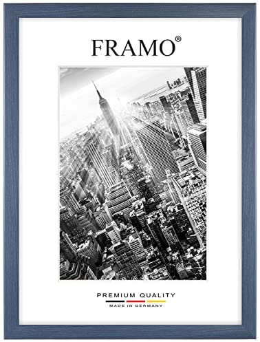 FRAMO Holz Bilderrahmen 64 x 48 cm nach Maß - Schieferblau | Größe wählbar | inkl. entspiegeltes Acrylglas | Rahmen für Puzzle | Foto | Poster