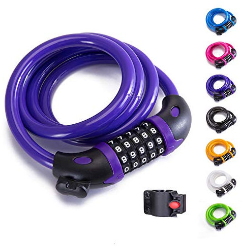 Bike Lock Bicycle Lock Chain ，5-Digit Combination Lock Core Steel Wire Bike Lock Security&Portable Bicycle Locks,1.1m x 1/2 inch (Purple)