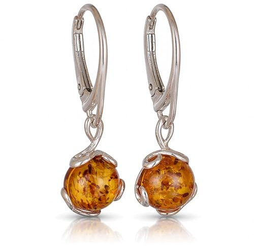 Sterling Silver Amber Jewelry for Women - GIA Certified 925 Sterling Silver and Baltic Honey Amber Earrings, French Leverback Round Dangling