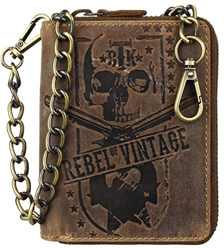 Greenburry Vintage RFID Leder Reißverschluss Geldbörse Portemonnaie Bikerbörse mit Kette Totenkopf BV-821A-25-SK