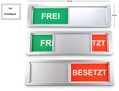 5 x GROßES FREI/BESETZT Schild 17,5 x 5cm NEU: Magnete im Rahmen arretieren gebogene Metallschiebeeinheit in Position: Somit auch gut mit Ellbogen bedienbar - Metallic-Lack & 3M Qualitätsklebefläche