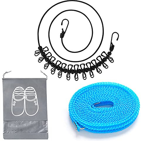Wäscheleine Camping,2 Stück Reise Wäscheleine mit 8 Stück Schuhbeutel Reisewäscheleine mit Klammern Flexible Wäscheleine Verstellbare Elastische Tragbare Wäscheleine