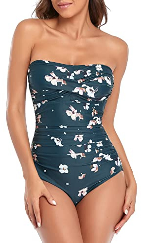 Smismivo axelbandslös onepiece baddräkt för kvinnor med bandeau retro magkontroll baddräkt för kvinnor vintage rukad badkläder i ett stycke baddräkt, Mörkgrön blommig, L