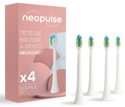 NEOPULSE® - Lot de 4 Recharges de Têtes de Brosse Souples Blanches en Nylon pour Brosse à Dents Électrique Sonique NEOSONIC® - Compatible NEOKIDS® - 3D : Brins courts et longs - Indicateur d'Usure