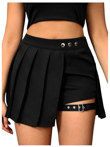 SweatyRocks Women's High Waisted Asymmetrical Hem Buckled Detail Pleated A Line Mini Skirt Black Petite S