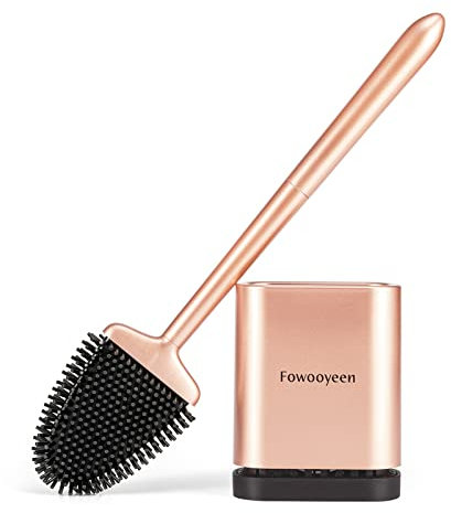 Fowooyeen Scopino WC Silicone, Spazzolone WC Bagno, Scopino Bagno Autopulente Piatto con Staffa ad Asciugatura Rapida, Montaggio a Parete/in Piedi, Set di Scopettino, Oro Rosa
