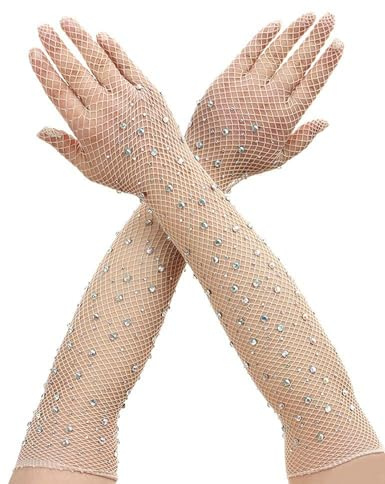 RSLOVE Guanti da Donna Con Strass A Rete Guanti da Festa Scintillanti Accessori da Ballo Guanti Bianchi per Matrimonio