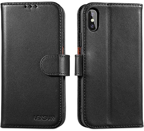 LENSUN Echtleder Hülle für iPhone XS, iPhone X Flip Lederhülle - Schwarz | Handyhülle Echtes Leder, Robuste Schutzhülle, RFID Schutz, Sicherer Magnetverschluss Handytasche