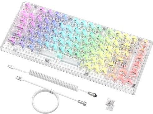 Gasket Clavier mécanique filaire échangeable à chaud,82 touches, éclairage chroma personnalisé RVB 16,8 m rétroéclairé pour jeu, capuchon de touche en matériau PC transparent, câble de clavier enroulé