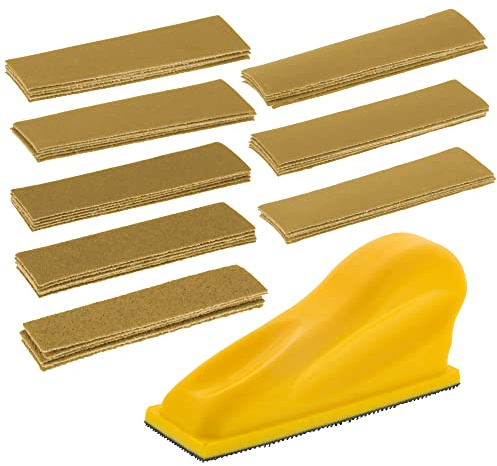 Dura-Gold Micro Hand Sanding Block Kit, 3.5” x 1” Pad, Hook & Loop Backing, 40 Sandpaper Sheets, 5 Each 60, 80, 120, 180, 220, 320, 400, 600 Grit - Wood Woodworking, Small Detail Finishing Sander