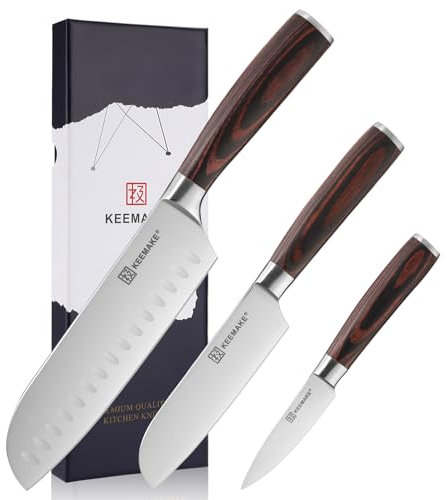 KEEMAKE Messerset, Küchenmesser Set 3tlg, Santokumesser japanisches Messer und Gemüsemesser aus hochwertigem Edelstahl, Scharfes Messer Set Kochmesser mit ergonomischer Griff