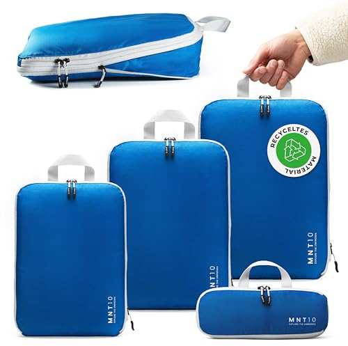 MNT10 Packtaschen recycelt mit Kompression S, M, L, XL I Packwürfel mit Schlaufe als Koffer-Organizer I leichte Kompressionsbeutel für den Rucksack