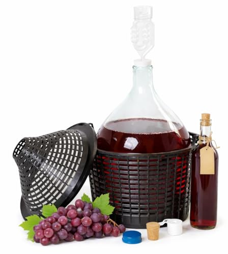 MIKONI Globo de vino de 34 l con cesta + tubos de fermentación + tapones de goma para cristal