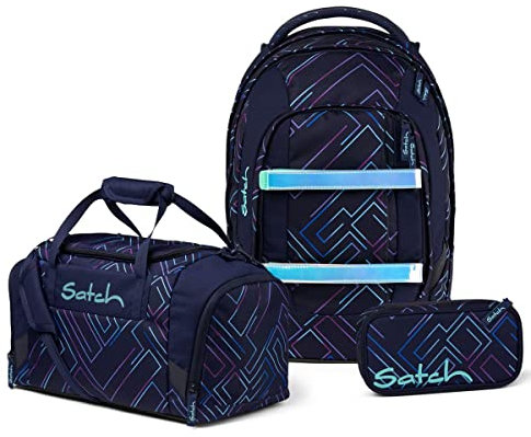 satch Pack Schulrucksack Set 3tlg. mit Sporttasche und Schlamperbox (Purple Laser), 45 x 30 x 22 cm