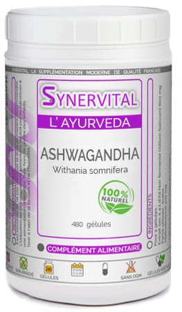 Ashwagandha Synervital 480 gélules dosées à 300 mg - Complément alimentaire - Stress, fatigue, insomnie, amélioration des performances - Fabriqué en France