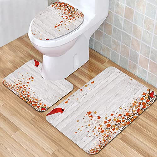 IUBBKI Badematte, Badezimmer-Anti-Rutsch-Matte, Herbst Ahornblätter, Kardinalvogel auf grauem Holz, Landhaus, Badematten-Set, 3-teilig, saugfähig, rutschfest, Badematte, WC-Vorleger, Badteppich