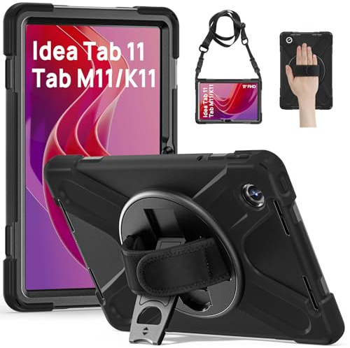 Gerutek Funda Anticaída para Lenovo Tab M11/K11/Xiaoxin Pad 2024 11, (TB-330FU/331FC/330XU), Carcasa Rugosa con Soporte Giratorio, Correa de Mano/Hombro, Portalápiz, Funda para Lenovo Tab M11, Negro