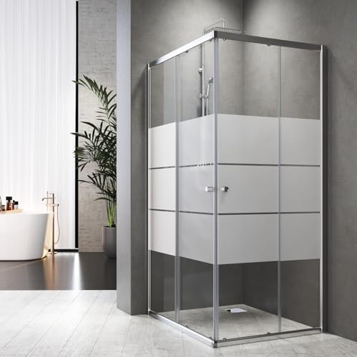 Duschkabine Eckeinstieg mit Doppel Schiebetür 75 x 90 cm Gestreift Eckdusche Duschabtrennung Duschschiebetür 6 mm ESG Glas Dusche,Höhe 185 cm,Silber,Runder Griff