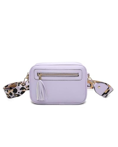 Fontanella Fashion Women's Tassel Front and Back Zip Messenger Camera Wide Guitar Strap Shoulder Handbag Crossbody Bag