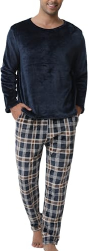 Pijamas Terciopelo Hombre Polar Suaves Grueso Cuadros Invierno Forro Camiseta Pantalón Largo Elástico Sety Ropa de Dormir Manga Larga Entretiempo Tops Cómodo Regalos para Hombres Azul Marino+Cuadros M