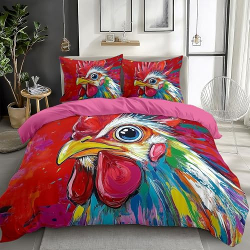 CozyRest Påslakanset barn söt tupp sängkläder set 3 delar, mjukt bekvämt rött vändbart påslakan andningsbara sängkläder sängset med örngott, enkel skötsel