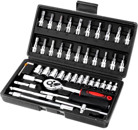 Steckschlüsselsatz, 46 Stück Ratschenkasten Knarrenkasten, Ratschenschlüssel Set Werkzeugkoffer, Ratschen-und Steckschlüssel-Set Geeignet für Arbeiten an Fahrrädern und Autos, Größe 1/4