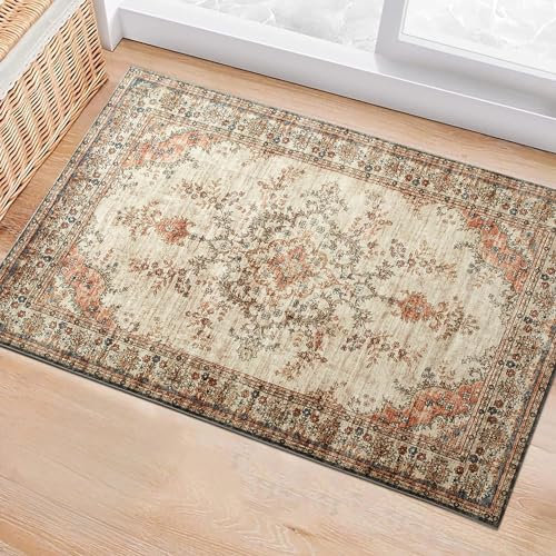 BedLooms Washable Bedside Small Rug 40x60 cm Area Rugs for Bedroom Living Room – Traditional Oriental Floral Vintage Boho Cashmere Design Carpet Non Slip Entryway Door Mat, (Timeless)