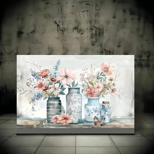 KADING Rustikale Vintage-Wildblumenvase, Kunstdrucke auf Leinwand – Shabby-Chic-gerahmte Wandbilder für Wohnzimmer, Büro, Heimdekoration, 50x70cm(20x28 Zoll) mit Rahmen