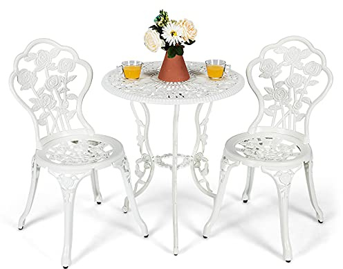 COSTWAY Set Tavolino e Sedie da Giardino, Set da Bistro con Sedie in Alluminio e Ghisa, Mobile da Esterno Rotondo e 2 Sedie, Tavolino Portato 45 kg, Sedia Portata 150 kg (Bianco)