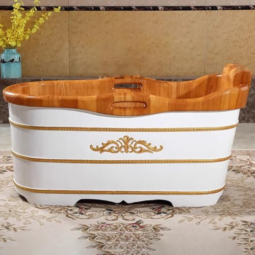TT-YEC Vasca da Bagno di Lusso Europea in Rovere, Vasca Idromassaggio Interna, Vasca da Bagno Ovale in Legno con Panca, Valvola di Scarico, Vasca da Bagno Profonda Ispessita,L140cm