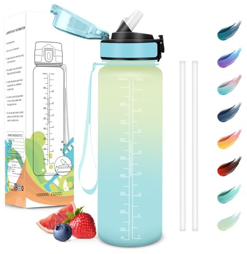 Motswedi Gourde Sport, 1000ml Anti-Fuite, Gourde avec Paille, Sans BPA, Réutilisable, Gourde, Facile à Transporter, Bouteille d'eau pour Yoga, Camping, Cyclisme, Blanc Cassé Bleu Clair